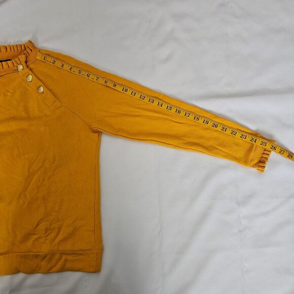 Talbots Mustard Yellow Ruffle Trim Raglan Sweatshirt Women's Size Small - Picture 9 of 10
